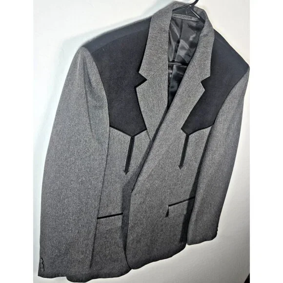 Circle S Men’s 46L Western Blazer Gray Black Yoke Lined 2-Button Cowboy Coat - Picture 3 of 16